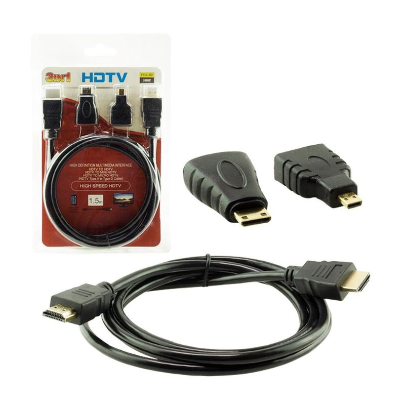 Cable HDMI 3 en 1 con Adaptador Mini y Micro HDMI 1.5 Metros