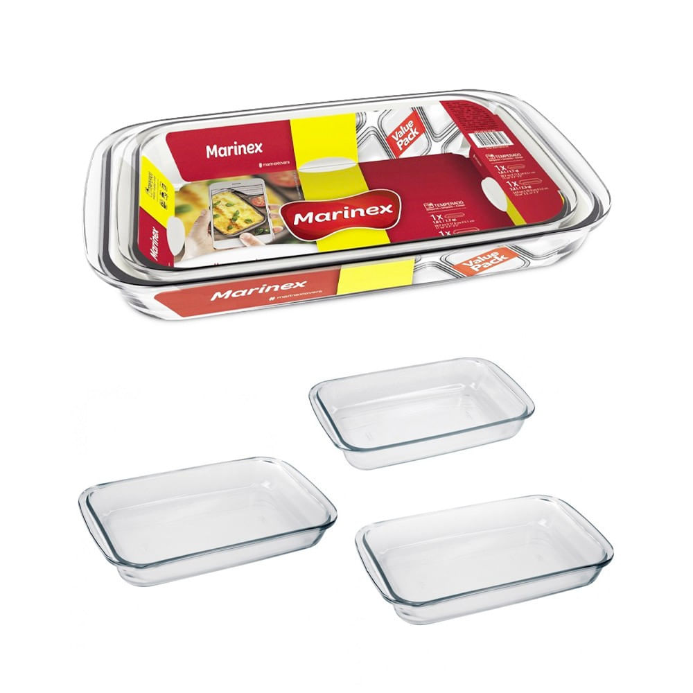 Set 3 Fuentes  Asadera Rectangulares Vidrio Templado G-M-P Marinex