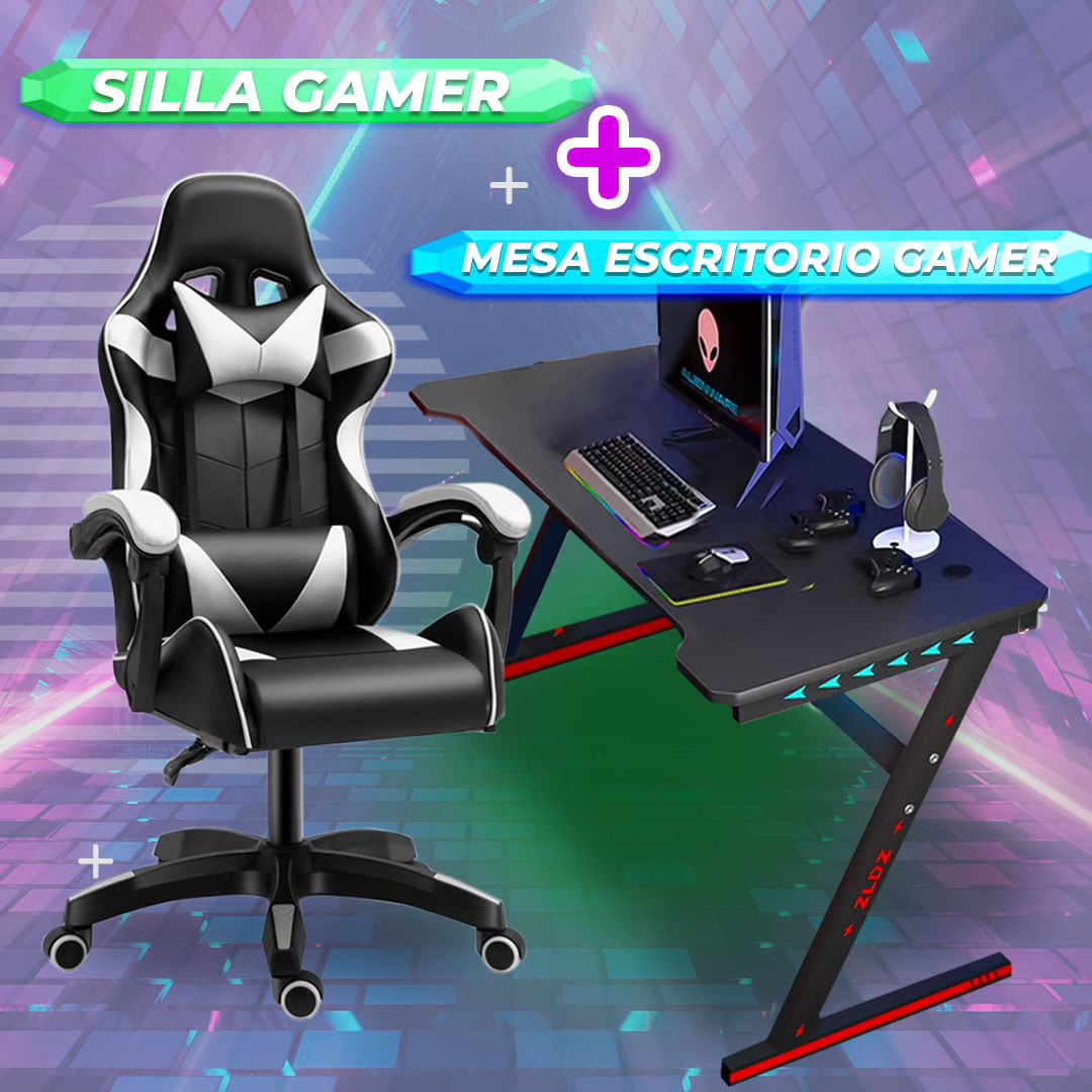 Pack Silla Gamer Masajeador Reclinable Gmd011+ Mesa Escritorio Gamer GMD015