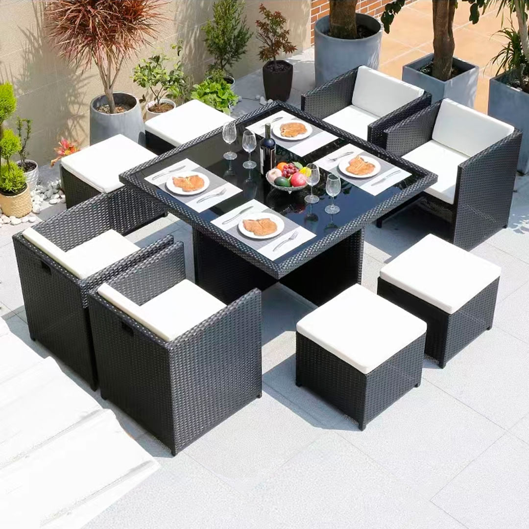 Silla de descanso, silla de exterior, juego de muebles de exterior para  patio, terraza y piscina, juego de 9 piezas con cojines de ratán de