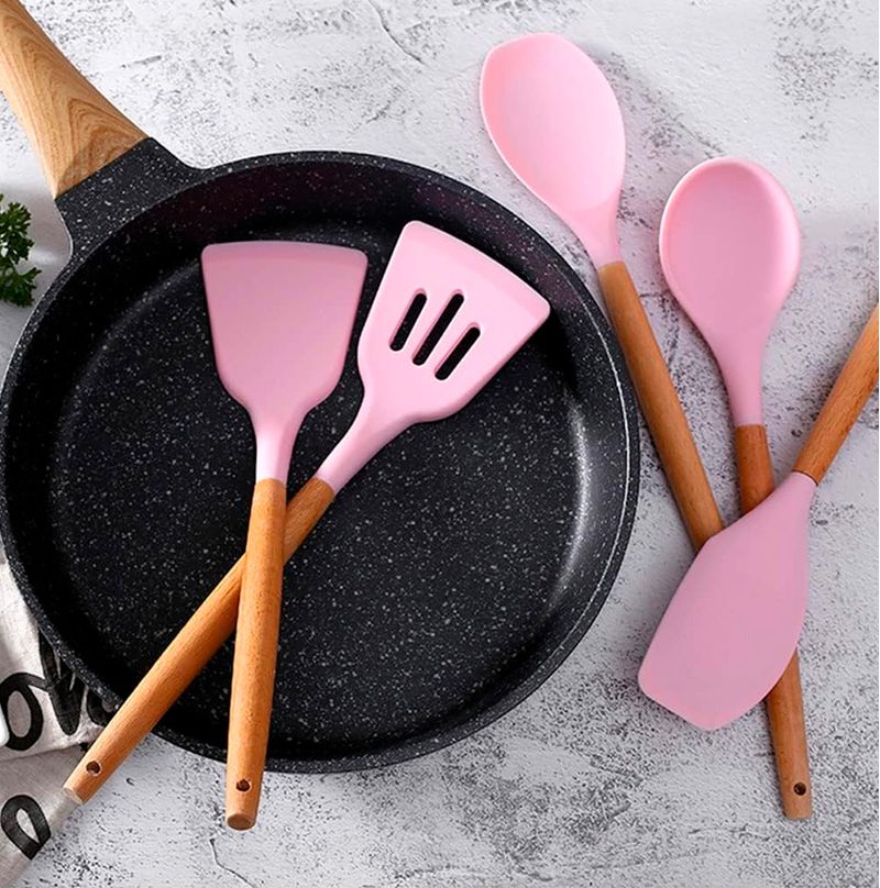 Set 12 Utensilios De Cocina Silicona Resistente Calor – Rosado