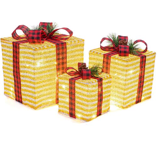 Set 3 Cajas Regalo Luces Decoración  Navidad Dorado Cinta Roja