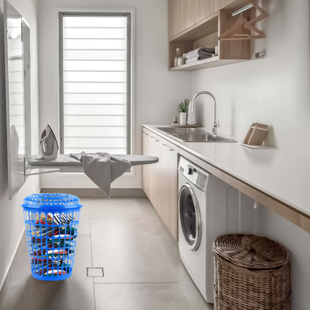 Cesta Canasto Organizador de Ropa con Tapa en Plástico Azul