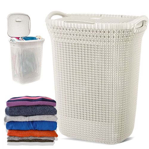 Cesto Canasto Para Ropa Khipu 60 Lts Tipo Ratán Con Tapa Beige
