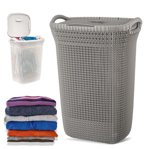 Cesto Canasto Para Ropa Khipu 60 Lts Tipo Ratán  Con Tapa Taupe 61044
