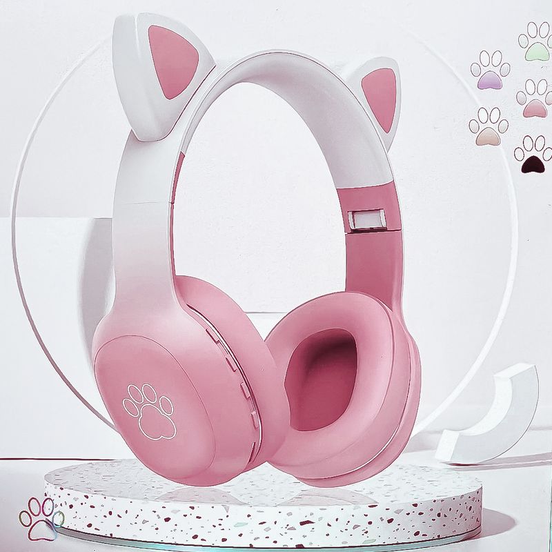Audífonos Inalámbricos Led Bluetooth Orejas de Gato Huellas Rosa