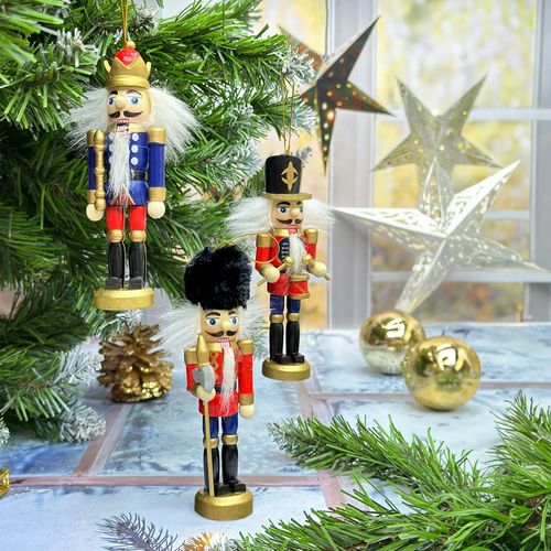 Set 3 Soldados Cascanueces Madera 13 cm Rojo Azul Decoración Navidad