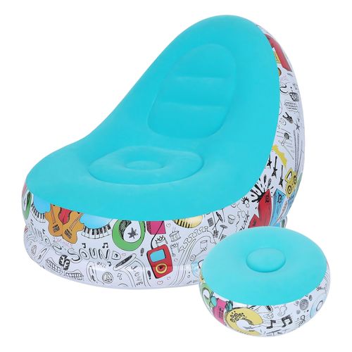 Sofá Sillón Tumbona Inflable con Reposapiés Diseño Grafitti Turquesa