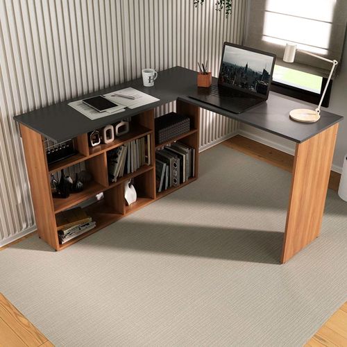 Mesa Escritorio En L 120CM Con Repisas HO-2998 Nogal Grafite