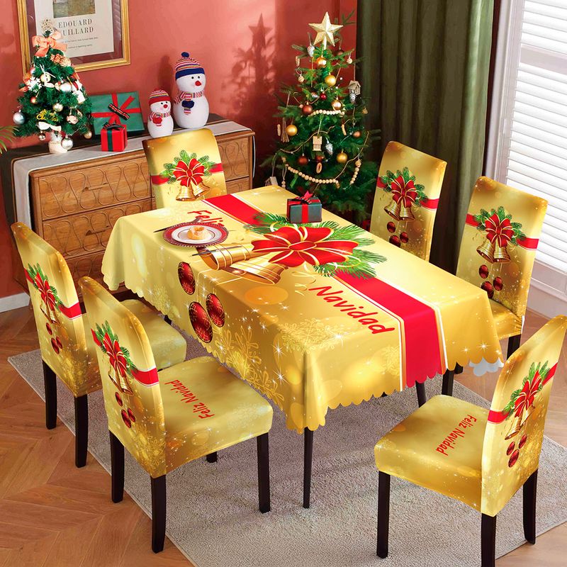 Set 7 Pcs Mantel + Fundas De Sillas Diseño Navidad Modelo 15