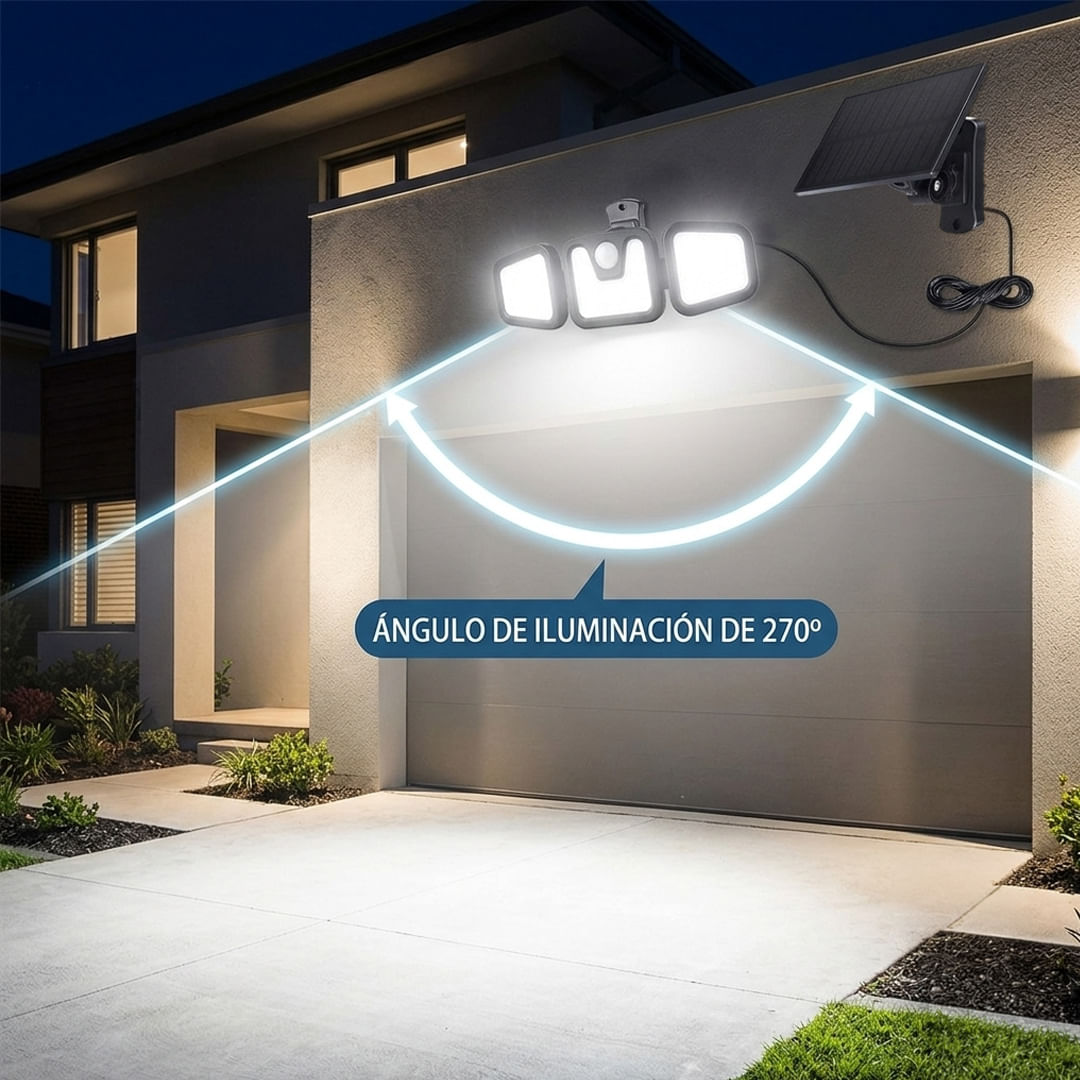 Foco Solar 74 LED de 3 Cabezales Sensor de Movimiento