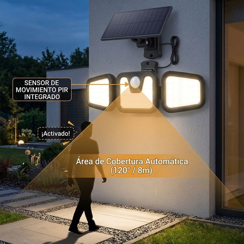 Foco Solar 74 LED de 3 Cabezales Sensor de Movimiento